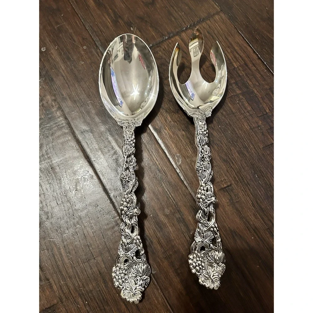 Godinger Vintage Silver Plated Floral Serving Spoon Fork Utensils 2 Piece
